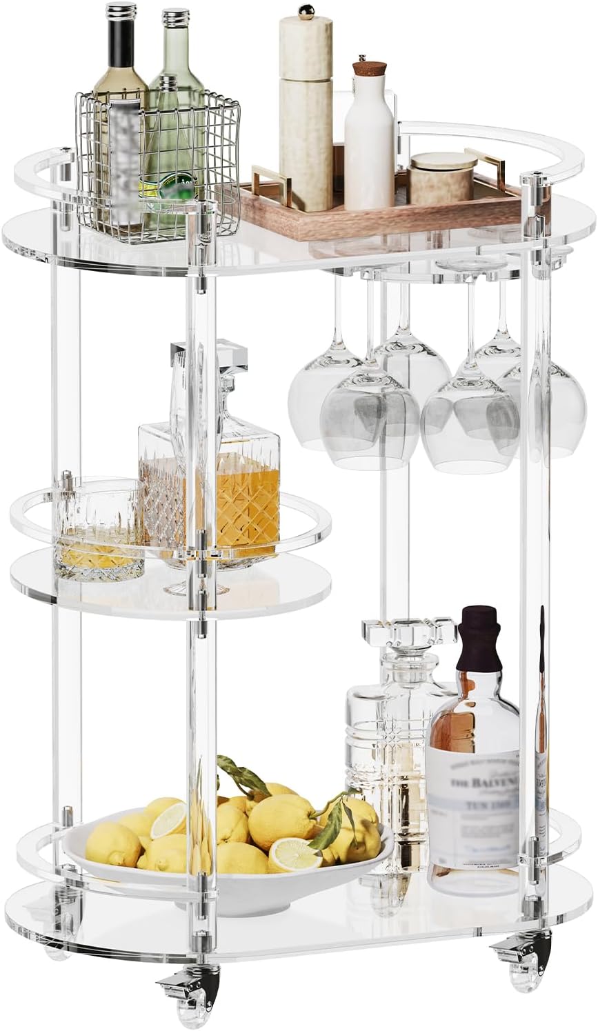 HMYHUM Acrylic Bar Cart with 4 Lockable Wheels, Clear Home Beverage Cart with Glass Holder, 3-Tier Rolling Serving Cart for Kitchen, Dining Room, Modern, Oval, 15''D x 23.6''W x 32.3''H