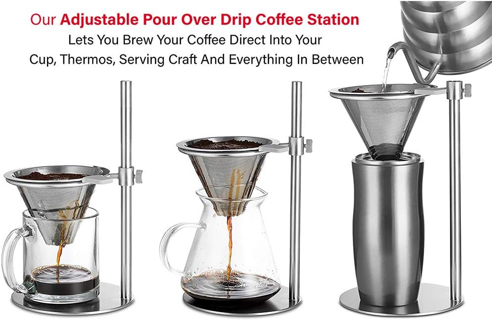 Stainless Steel Adjustable Pour Over Coffee Maker, Adjustable Stand, Double Layer Filter, Freestanding Drip Cone Brewer and Stand