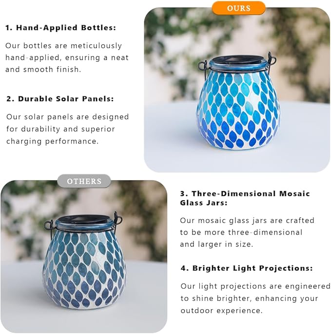 Starsoul Solar Lanterns Outdoor Waterproof, Elegant Blue Glass Mosaic Solar Lantern, Solar Hanging Lights Outside Patio Porch Yard Decor