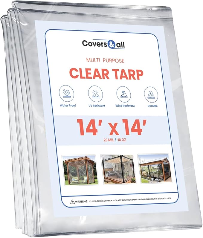 Covers & all Heavy Duty Multipurpose Clear Tarp with Grommets, Waterproof 20mil Vinyl Material (14' H x 14' W feet), Designed for Indoor or Outdoor Use