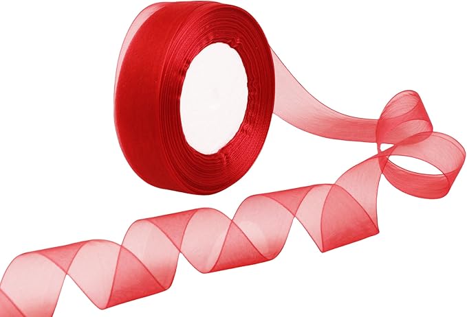 1 Inch 50 Yards Sheer Organza Ribbon Chiffon Ribbon for Gift Wrapping Wedding Bouquet Crafts (Red)