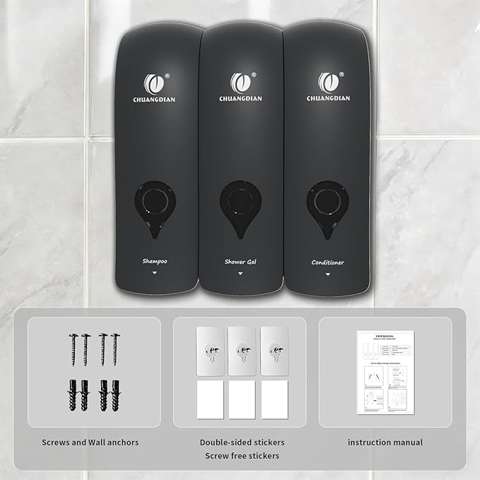 Shampoo Conditioner Body Wash Dispenser, Wall-Mounted Bathroom Soap Dispenser Set of 3 (Black), Refillable Shower Soap Shampoo Dispenser for Bathroom,Kitchen,Hotel and Airbnb