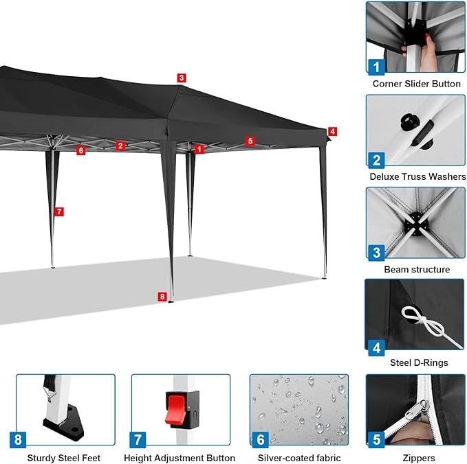 COBIZI Canopy 10x20 Pop Up Canopy Tent with 6 Sidewalls Outdoor Party Tent 10x20 Waterproof Commercial Instant Shelter UPF 50+ Portable Gazebo Wedding Tents for Parties Car Port Vender Events(Black