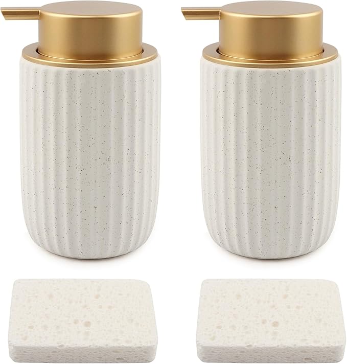 2 Pack Speckled Ceramic Foam Soap Dispenser, 12 oz Matte Pump Hand Foam Dispenser with 2 Cleaning Sponges, Refillable Pump, Foaming Dispenser for Bathroom, Kitchen (Color:Speckled White)