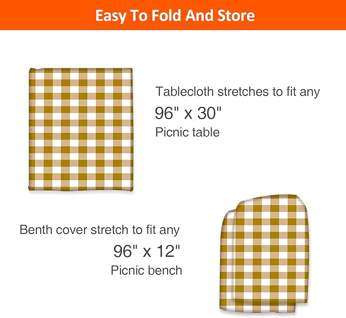 8ft Picnic Table and Bench Cover, Camping Essentials RV Gear, 96 in Waterproof Windproof Outdoor Elastic All Around Tablecloth, Fitted Rectangle Tables and Seats, Coffee-White Checkered