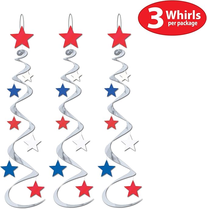 Beistle Red, Silver & Blue Star Whirls, Hanging Patriotic Decorations, USA Party Supplies, Fourth of July, Memorial Day & Themed Holiday Decor