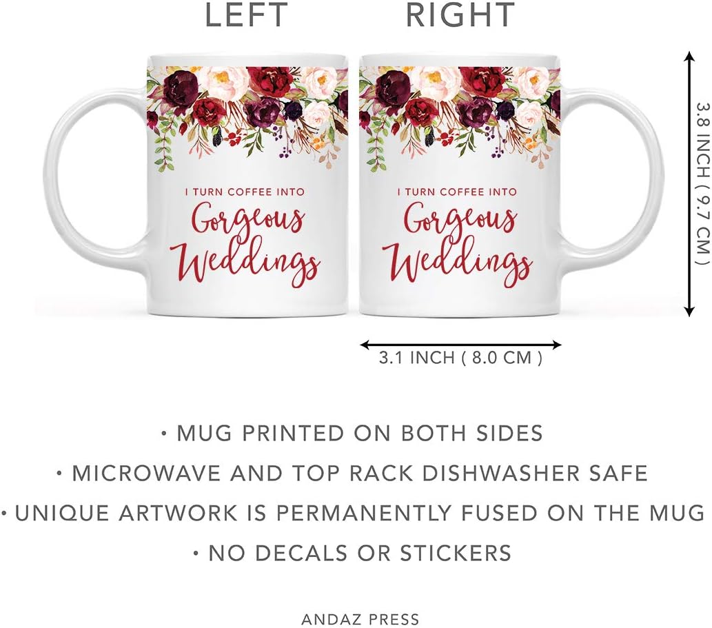 Andaz Press 11oz. Wedding Ceramic Coffee Tea Mug Gift for Wedding Planner, Fall Autumn Marsala Burgundy Flowers Roses Florals