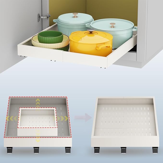 Pull out Cabinet Organizer,Expandable Width(15"-21"),Depth(17"-24") with 3 Rails,Roll out Drawers,No Drill Adjustable Slide out Shelves for Kitchen,Pantry,for Both Lip and Lip-Free Cabinets,White(1PC)