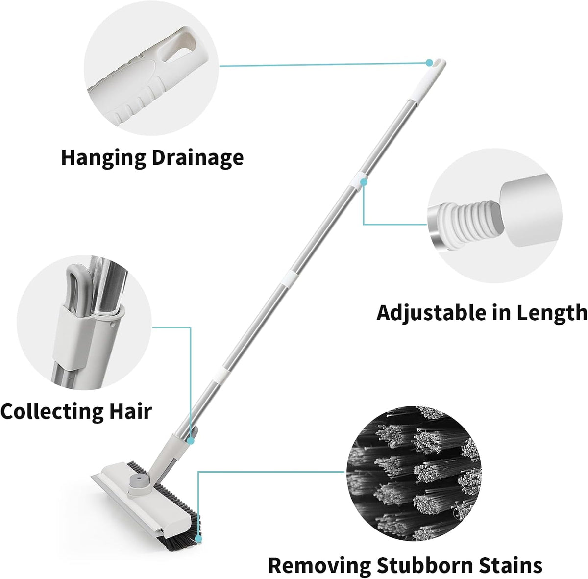 Floor Scrub Brush with Long Handle, 3 in 1 Scrape and Heavy-Duty Stiff Bristle Scrubber Brush for Cleaning Shower Bathroom, Patio, Garage, Kitchen, Wall and Deck (White, 1 Pack)