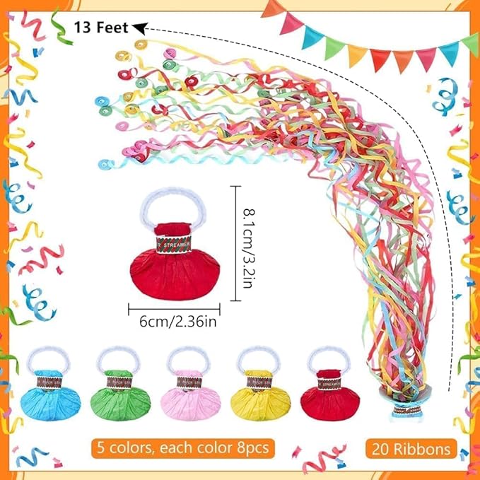 40Pack Hand Throw Streamers Colorful No Mess Confetti Poppers Party Poppers for Birthday Wedding Celebrations Graduation Retirement Party Favors Shows