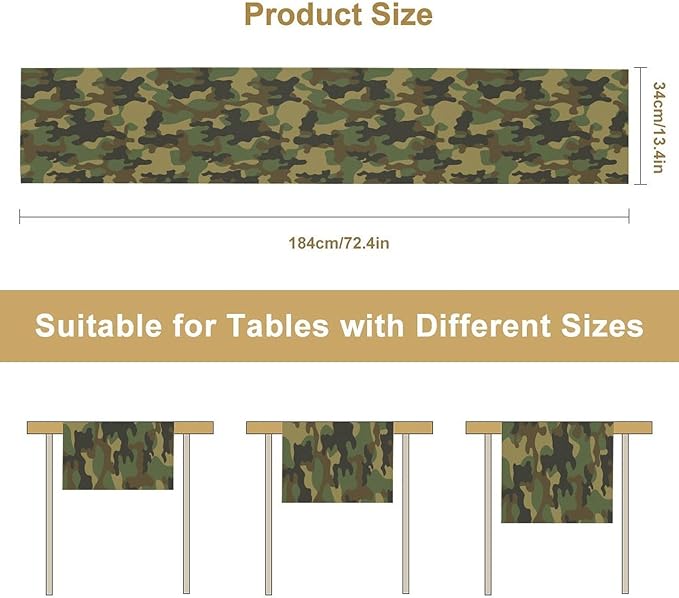 Camo Table Runner, Military Camouflage Coast Guard Force Soldier Hunting Themed Table Runner for Holiday Birthday Party Home Kitchen 13x70in