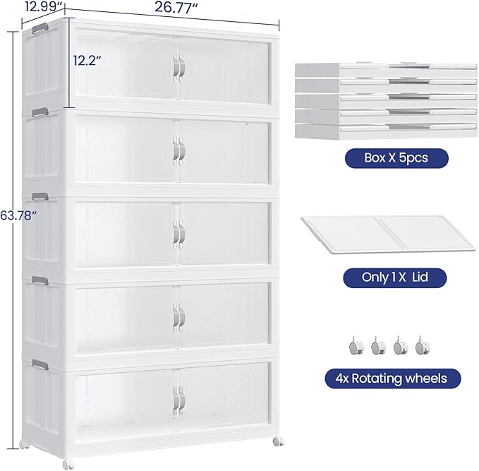 150Gal/600QT 5-Tiers Extra Large Stackable Storage Bins with Lid, Collapsible Cabinet Closet Organizer Plastic Container Box with Wheels Doors Drawers for Living Room Kitchen Office, White