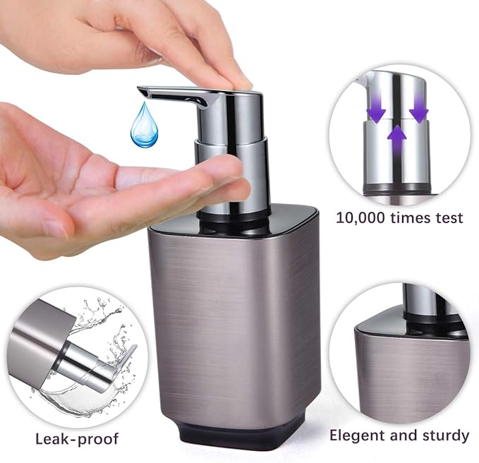 Boperzi 2 Pack Soap Dispenser Rust Proof Refillable Liquid Hand & Dish Soap Dispenser Set Leak Proof Plastic Chorme Pump for Kitchen Bathroom, 10oz