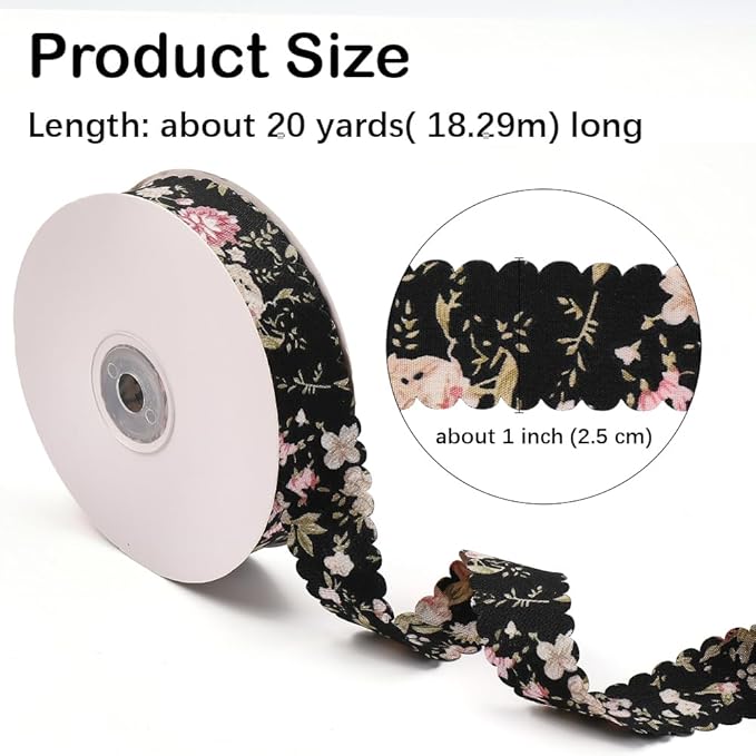 20 Yards Floral Print Ribbon Black Flower Pattern Ribbon Polyester Vintage Spring Summer Double Wavy Edge Fabric Ribbons Bulk with Spool for Sewing Making Crafts Bouquets Wreath Christmas