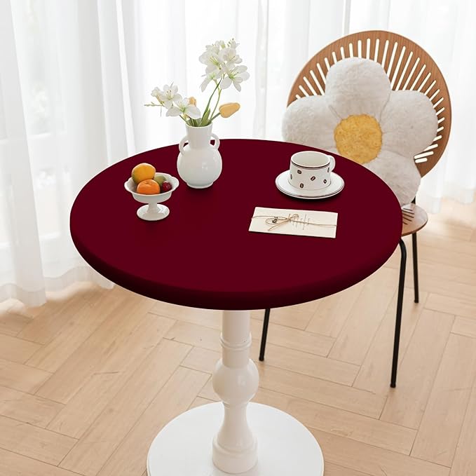 Round Fitted PU Tablecloth with High Elastic Edge 35 Inch Dia Waterproof Oil Proof Table Cloth Anti-Scald Stain-Resistant Wipeable Table Cover for Indoor Outdoor Picnic (Red,35" Dia)