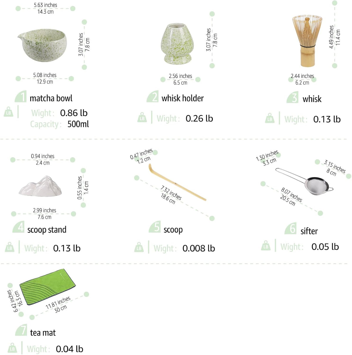 Inmorven Matcha Whisk Set, 7 Pcs Matcha Kit Includes Matcha Bowl, Whisk & Holder, Bamboo Scoop, Scoop Rest, Sifter & Tea Towell