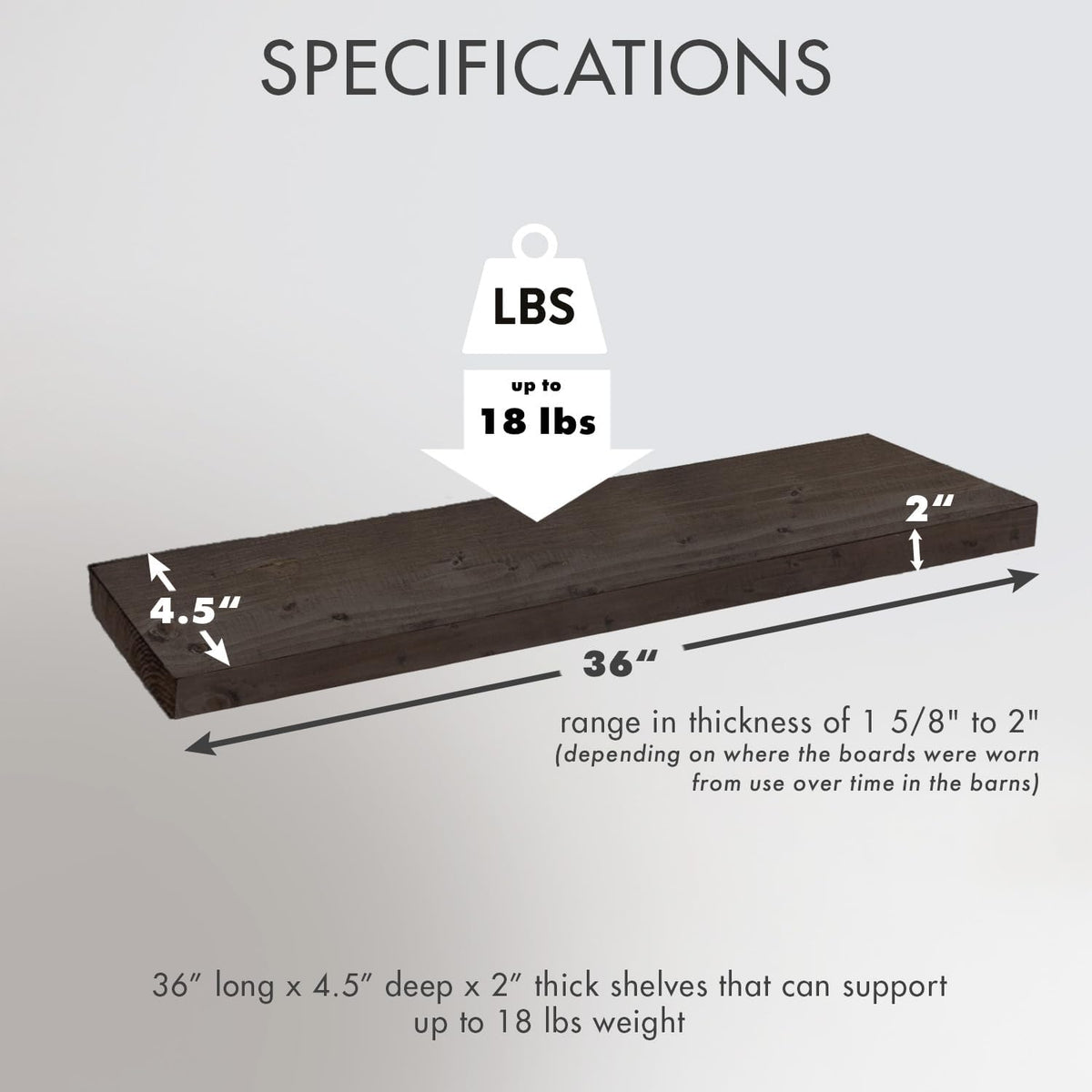 Urban Legacy Reclaimed Barnwood Planks, Floating Shelves for Wall w/Flush Mount Shelf Bracket Set Included, Set of 2 (Coffee Bean, 36"x 4.5"x 2")