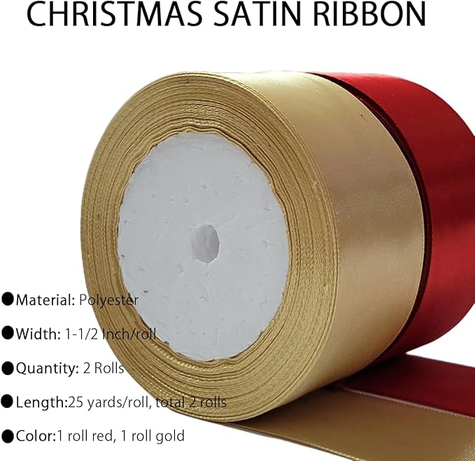 Gold Christmas Ribbon, Gold Red Satin Ribbon 1-1/2 Inch 50 Yards Fabric Ribbons for Christmas Party Decorations, Gift Wrapping, Tree Ornaments, Bouquets, Door Wreaths, Bows Making and DIY Crafts