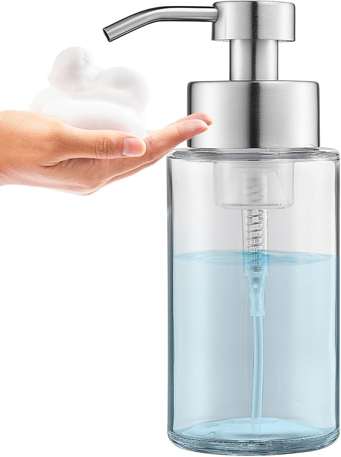 Glass Foaming Hand Soap Dispenser, 10 oz Easy Refill Glass Soap Dispenser, Foam Dispenser with Stainless Steel Pump & Waterproof Labels, Clear Foam Soap Bottle for Bathroom Countertop