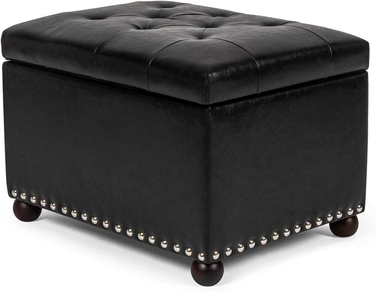 Joveco Leather Storage Ottoman, 24" Rectangle Tufted Foot Rest Stool, for Living Room Bedroom, Midnight Black
