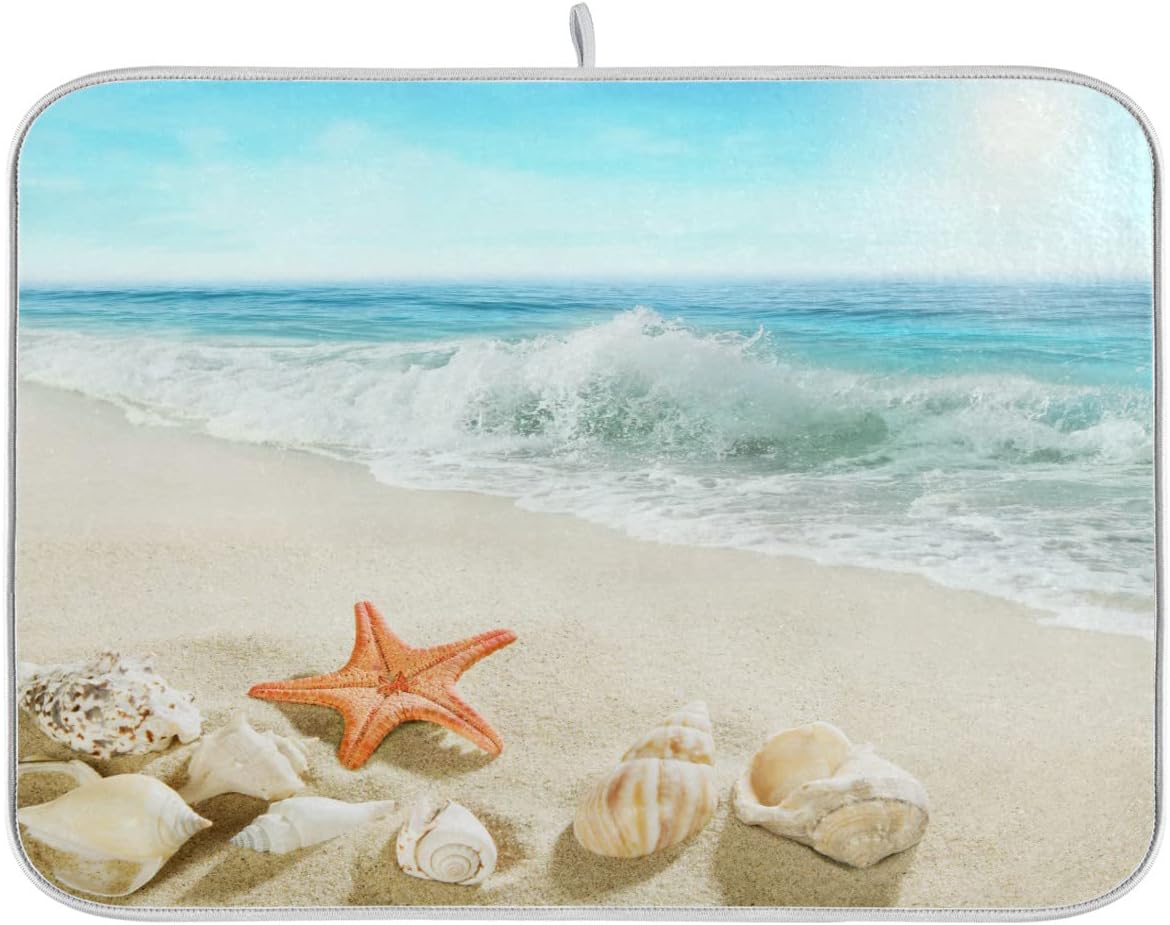Summer Beach Dish Drying Mat 18 x 24 Inch Sea Wave Shells Starfish Drying Mat with High Absorbent Reversible Microfiber Kitchen Mat Dish Rack Pad