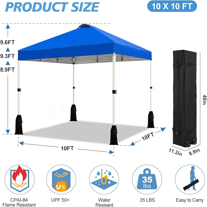 WEIZE 10x10 Pop Up Canopy Tent, 1-Button Push Setup Canopy Tent, Adjustable Height Instant Portable Shelter, Portable Roller Bag, Easy Outdoor Sun Shade for Events, 4 Weight Bags, Blue