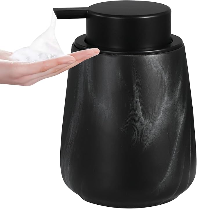 12Oz Foaming Hand Soap Dispenser - Ceramic Bathroom Foam Soap Dispenser with Easy-to-Press Black Pump, Refillable Lotion Hand Soap Dispenser, Dish Soap Dispenser for Kitchen, Marble Black