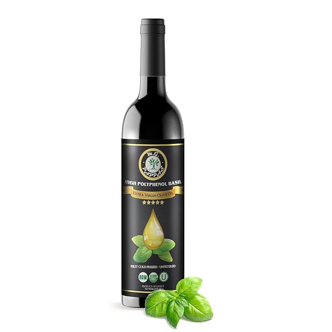 M.G. Pappas High Polyphenol Rich Basil Infused Olive Oil - Extra Virgin Olive Oil - Over 500mg/kg - Cold Pressed & Unfiltered