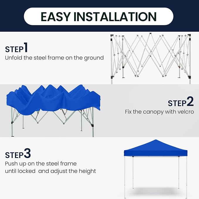 Shades 10x10 Pop Up Canopy, Heavy Duty Beach Tent with Carrying Bag for Easy Moving, Sun Shelter for Parties, Events, Camping, Outdoor Gazebo with 420D PU Coated Waterproof Blue Fabric
