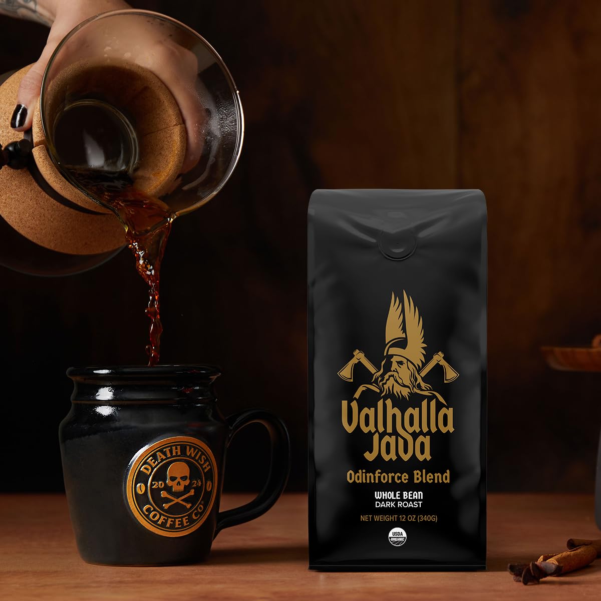 Death Wish Coffee, Valhalla Java Odinforce Blend - Whole Bean Dark Roast - Extra Kick of Caffeine - Arabica & Robusta Coffee Beans - 12 Ounce