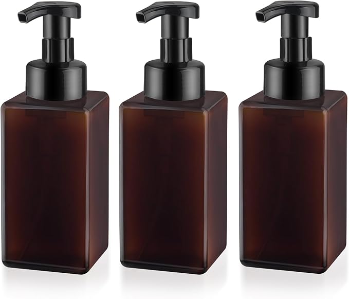 3 Pack Foaming Soap Dispenser Empty Plastic Foam Pump Bottle Refillable Foam Soap Bottle Dispenser for Shampoo Liquid Soap Face Wash (Brown, 450ml/15oz)