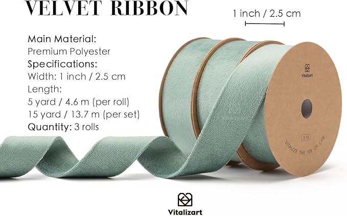 Vitalizart Dusty Green Velvet Ribbon Set 1 Inch Double Faced for Christmas Ornaments Gift Wrapping 15 Yards Wreath Decoration Bows Making Holiday Crafts