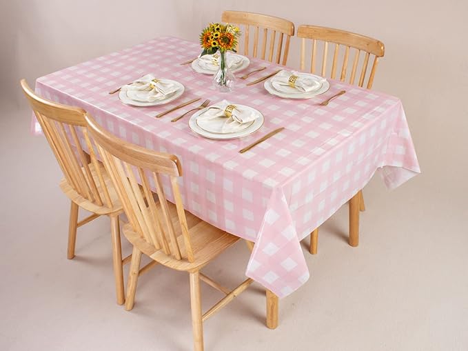 Kesfey 8 Packs Pink and White Checkered Tablecovers 54 x 108 Inches Disposable Party Picnic Table Cloth SpillProof Plastic Gingham Tablecovers for Camping Decoration Party Favors
