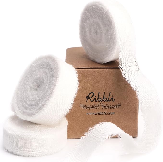 Ribbli 3 Rolls White Ribbon 5/8 Inch x 18Yards Handmade Cotton Frayed Fringe Ribbons for Gift Wrapping Wedding Invites Bridal Bouquets Baby Shower DIY Crafts Home Decor
