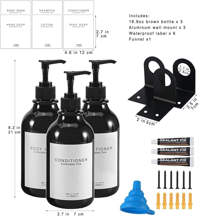 Shampoo and Conditioner Dispenser for Shower Wall 3 Chamber,Refillable Shampoo and Conditioner Bottles with Waterproof Labels,Soap Dispenser with Pumps