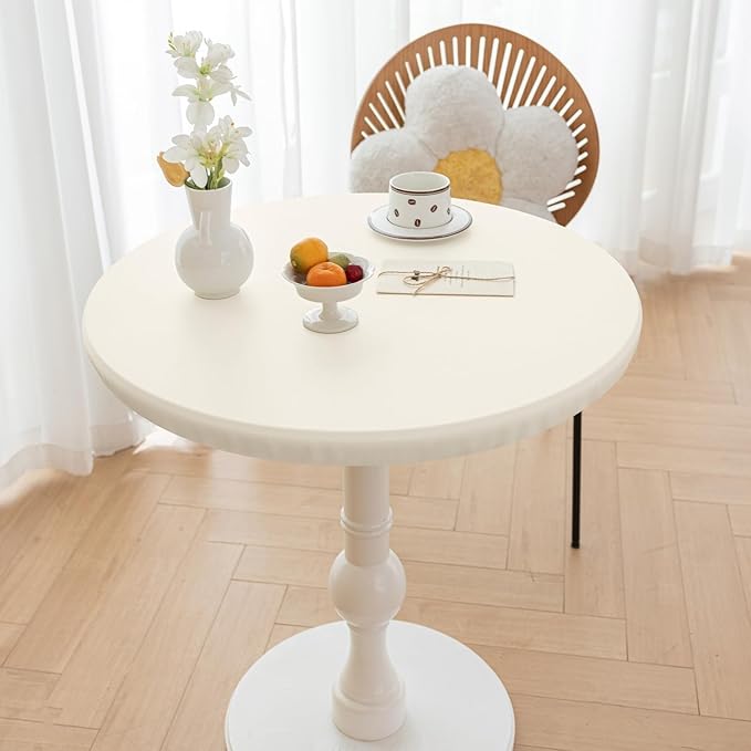 Round Fitted PU Tablecloth with High Elastic Edge 55 Inch Dia Waterproof Oil Proof Table Cloth Anti-Scald Stain-Resistant Wipeable Table Cover for Indoor Outdoor Picnic (Cream,55" Dia)