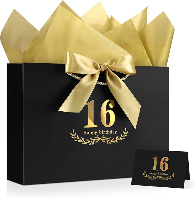 JMANNI Black Gold 16th Birthday Gift Bag with Card and Tissue Paper, 14.2"×9.84"×4.3" Large Present Bag for Teens, 16 Year Old Birthday Keepsake Party Supplies