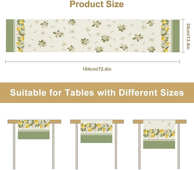 Lemon Spring Table Runner, Farmhouse Rustic Summer Flower Leaves Table Cover for Home Kitchen Dining Room Table, 13x70inch