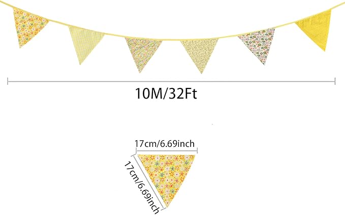 Zwiebeco 32Ft Yellow Fabric Floral Pennant Banner Bunting Cotton Flowers Triangle Flags Party Decorations for Birthday Wedding Engagement Bridal Baby Shower Rustic Village Sweet Home Garden Décor