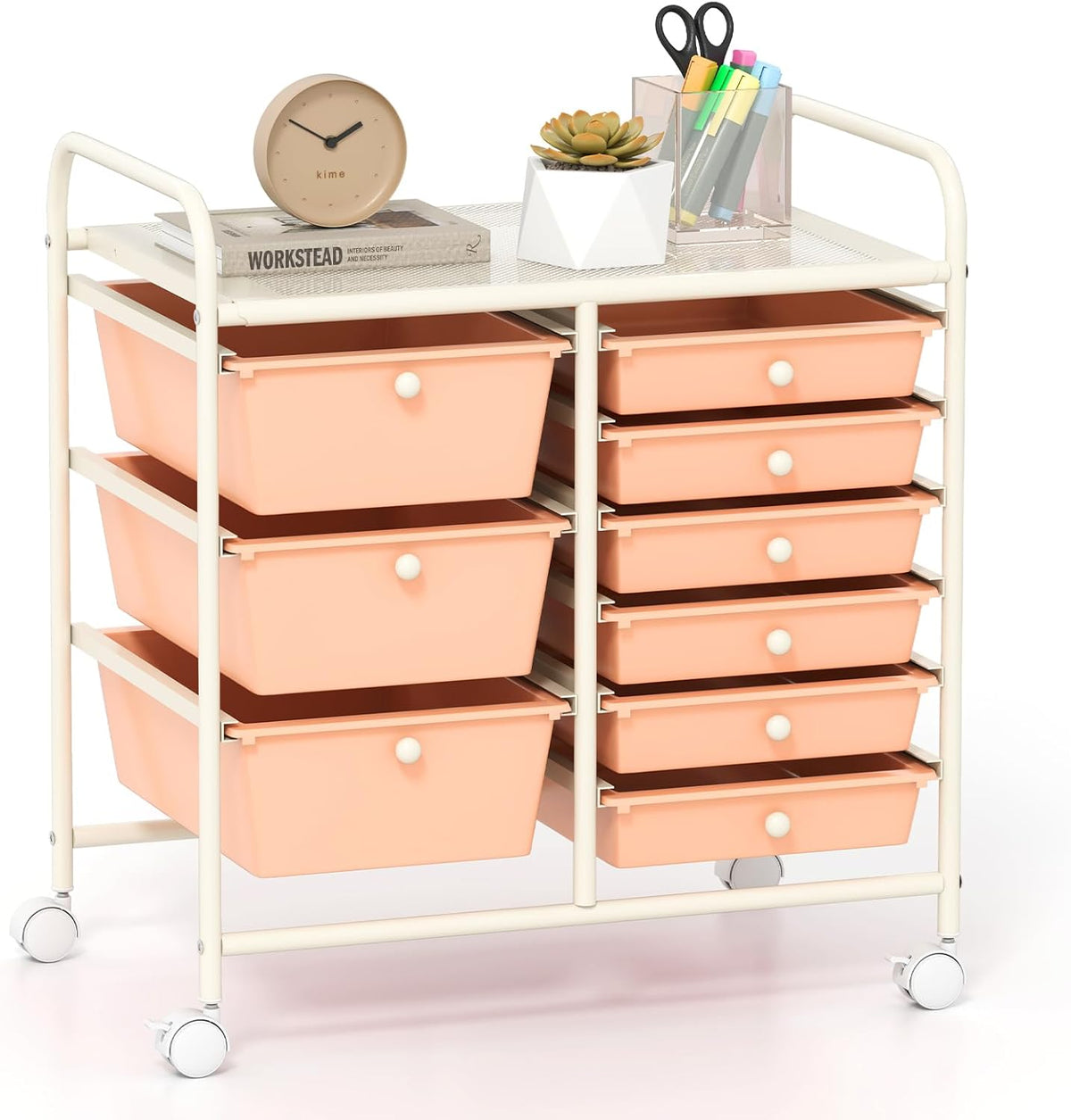 GOFLAME 9-Drawer Rolling Storage Cart, Mobile Utility Cart with Removable Drawers & Metal Frame, Art Craft Organizer Cart with Lockable Wheels, Storage Drawer Cart for Home Office School, Peach Fuzz