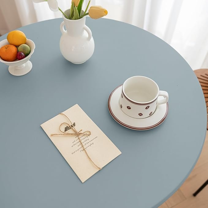 Round Fitted PU Tablecloth with High Elastic Edge 51 Inch Dia Waterproof Oil Proof Table Cloth Anti-Scald Stain-Resistant Wipeable Table Cover for Indoor Outdoor Picnic (Blue,51" Dia)
