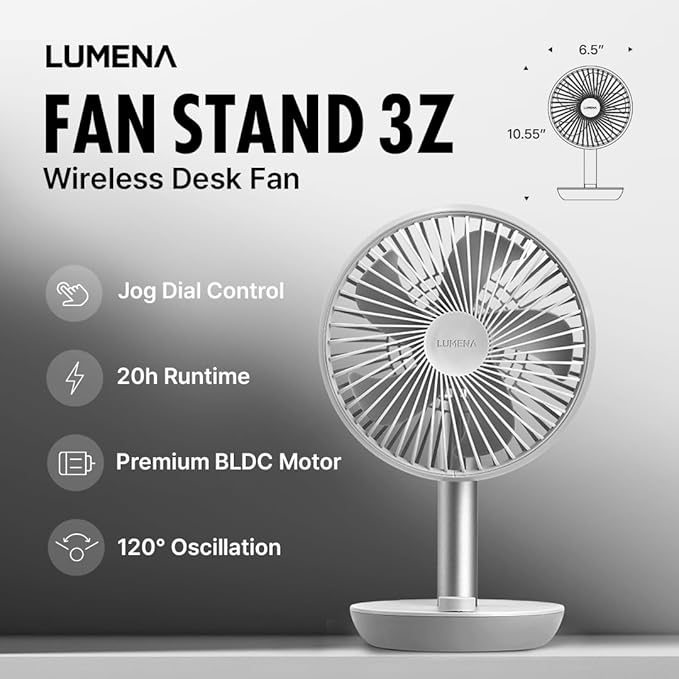 LUMENA Fan Stand 3Z - Portable Oscillating Desk Fan | 4-Speed Rechargeable 4000mAh Battery, Auto Swing, Timer, Sleek Matte Design for Home or Office (White)