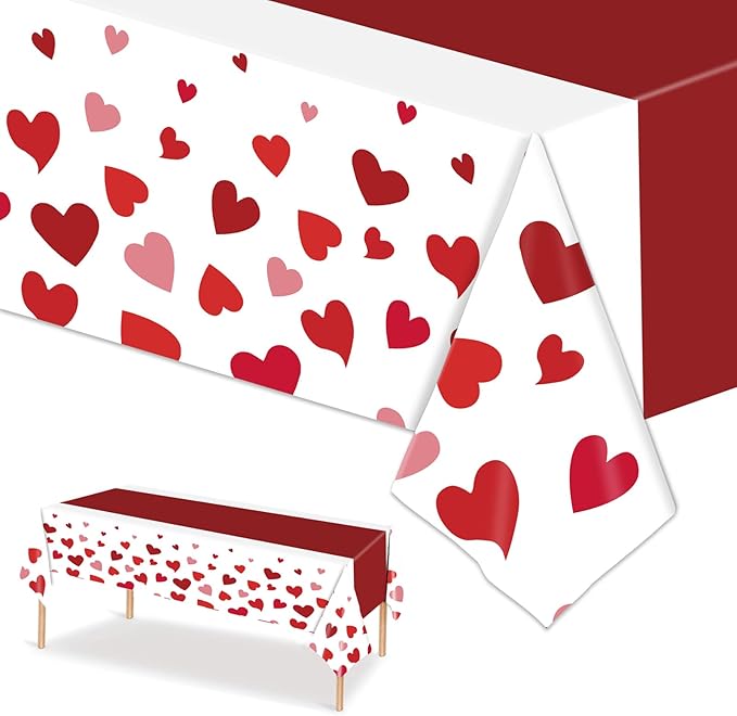 Red Table Cloths Rectangle - 2 Pack Heart Pattern Valentine's Day Decoration Party, Disposable Plastic Tablecloth 54" x 108", Suitable for Valentine's Day Wedding Anniversary Party Decoration