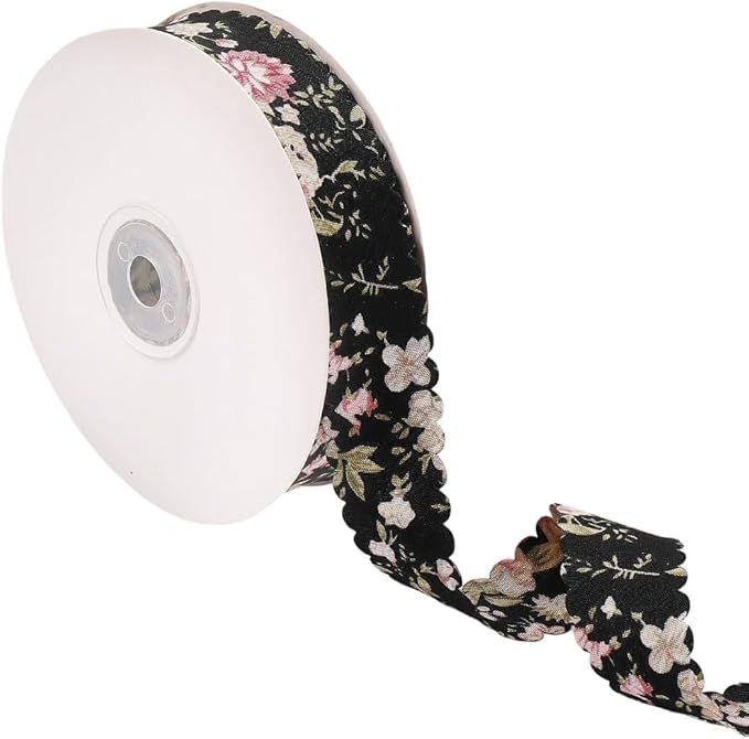 10 Yards 1.5 Inch Spring Summer Flower Floral Printed Ribbons Bloom Black Wavy Edge Trim Scalloped Print Chiffon Trims Polyester Fabric Grosgrain Ribbon for Sewing Making Crafts DIY Wedding