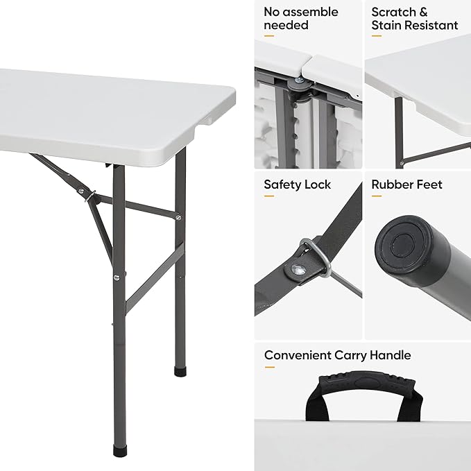SUPER DEAL Portable 4 Foot Plastic Folding Table, Small Indoor Outdoor Heavy Duty Fold-in-Half Picnic Party Camping Barbecues Table with Carrying Handle, White