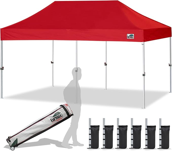 Eurmax USA 10x20ft Pop Up Canopy, Commercial Instant Tent for Outdoor Events, Patented No-Tip Rolling Storage Bag with 6 Sandbags,UV & Water Resistant,Heavy Duty Portable Shelter Gazebo,Red