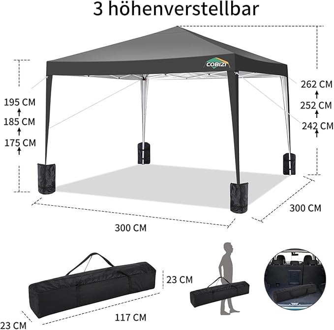 COBIZI 10x10 Pop Up Canopy Tent with 4 Sandbags, Easy Set Up Gazebo, Instant Outdoor Sun Shade &Waterproof Canopy with 8 Stakes,4 Ropes&Carry Bag, Tents for Parties, Beach, Backyard,Camping(Black