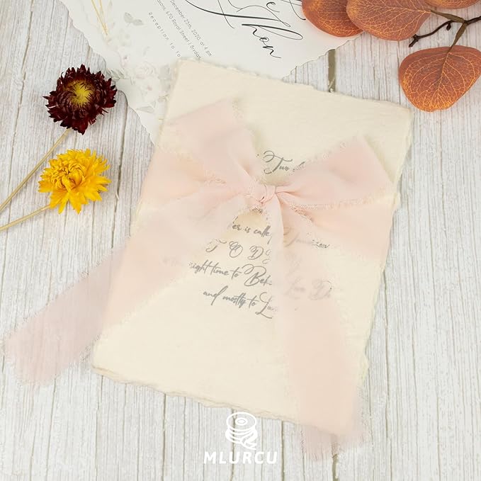 Cream Pink Chiffon Ribbon 1-1/2 Inch x 21 Yards - Handmade Fringe Silk Ribbon for Wedding Invitation, Bridal Flower Bouquets, Gift Wrapping