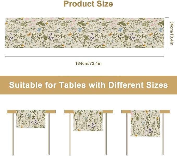 Vintage Wildflower Table Runner,Spring Floral Herbs Botanical Summer Butterfly Print Table Runner for Kitchen Dining Table Home Party Decor 13x60in