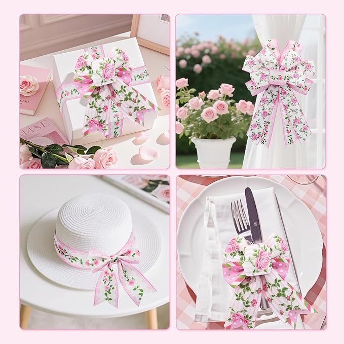 4 Rolls Pink Rose Floral Wired Edge Ribbon – 2.5 Inch, 5 Yards Each, Summer Grosgrain Set for Wedding Decor, Gift Wrapping, DIY Crafts